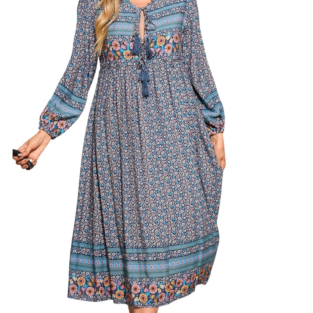 Floral Cotton Midi Maxi‎ Dress Blue Pink Women XXL Boho Tassel Pockets Prairie